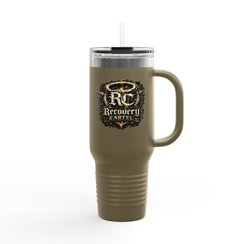 Recovery Cartel 40oz Insulated Travel Mug — Red Stainless Tumbler with Handle & Straw