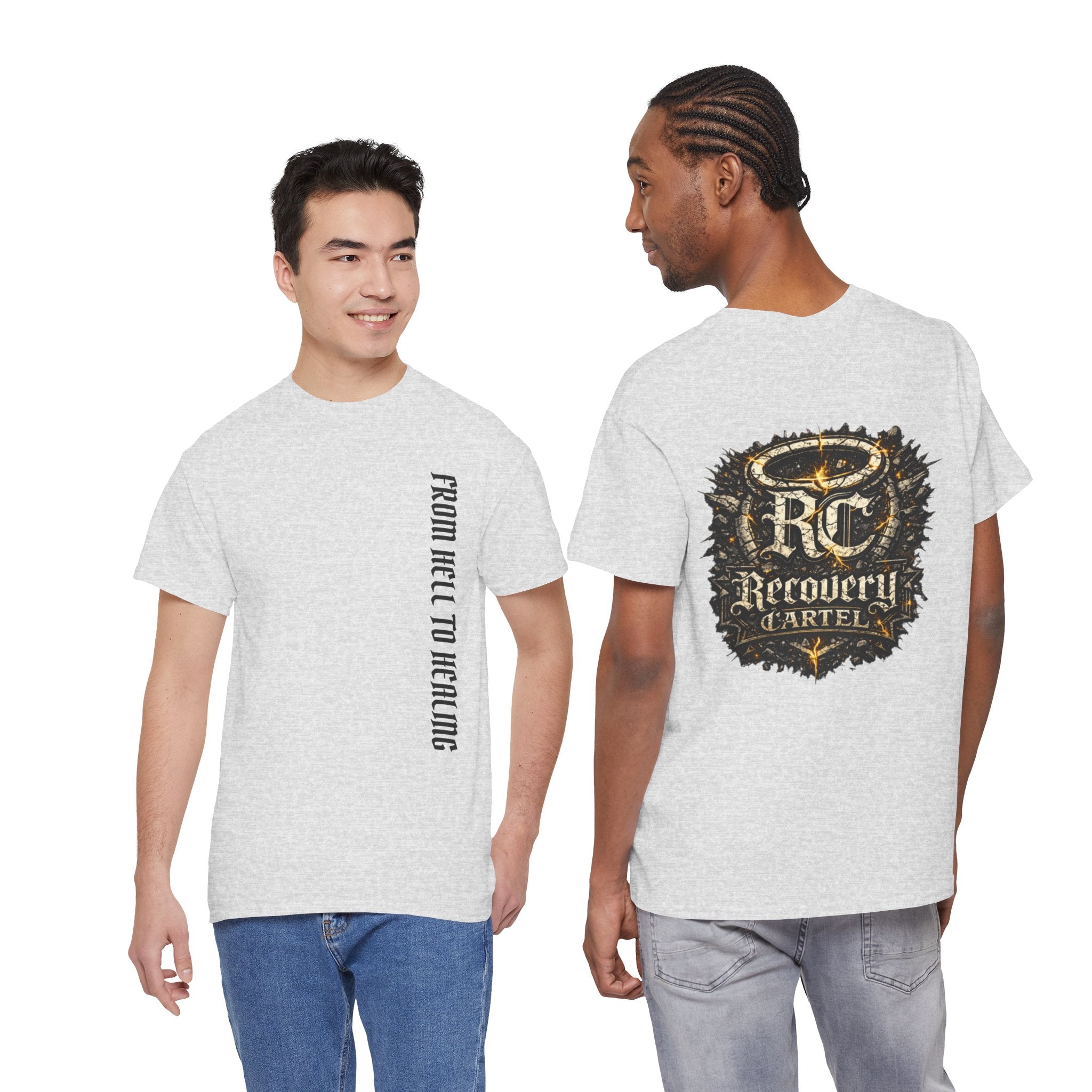 Recovery Cartel Signature Tee with "From Hell to Healing" on the front