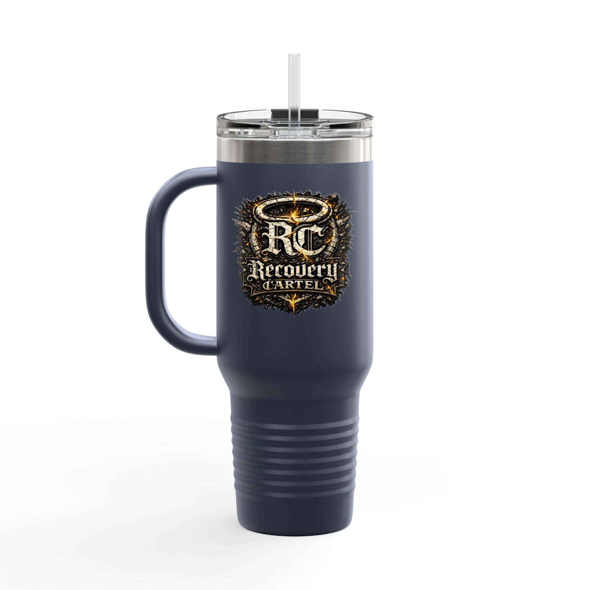 Recovery Cartel 40oz Insulated Travel Mug — Red Stainless Tumbler with Handle & Straw