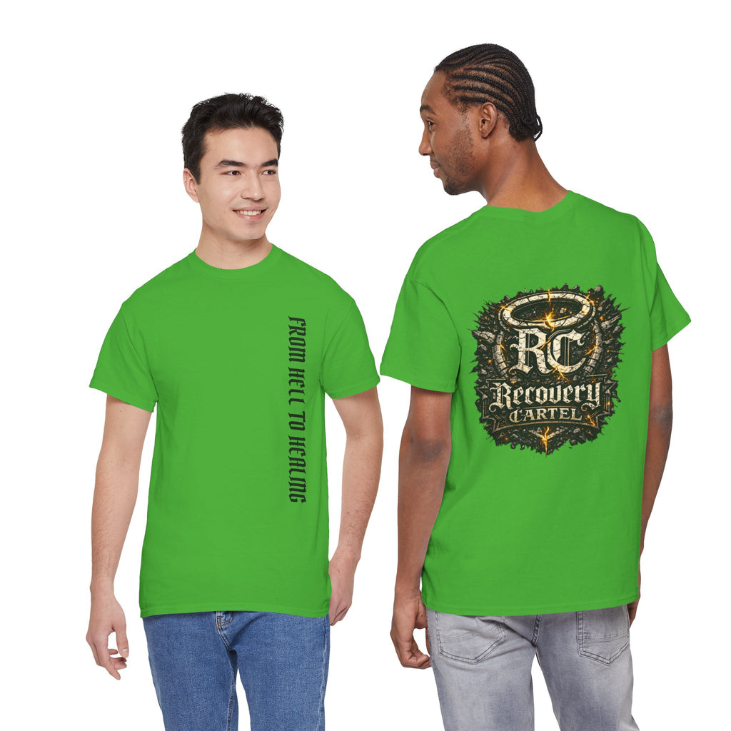 Recovery Cartel Signature Tee with "From Hell to Healing" on the front