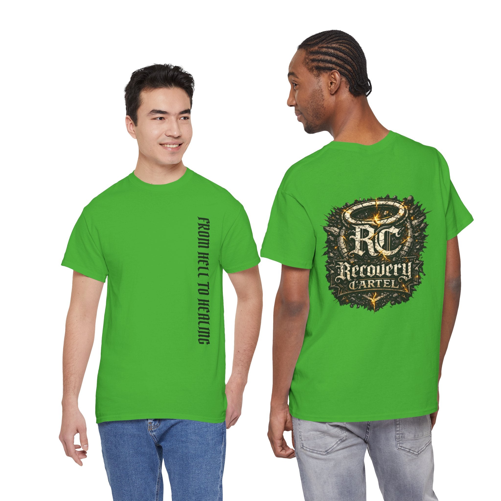 Recovery Cartel Signature Tee with "From Hell to Healing" on the front