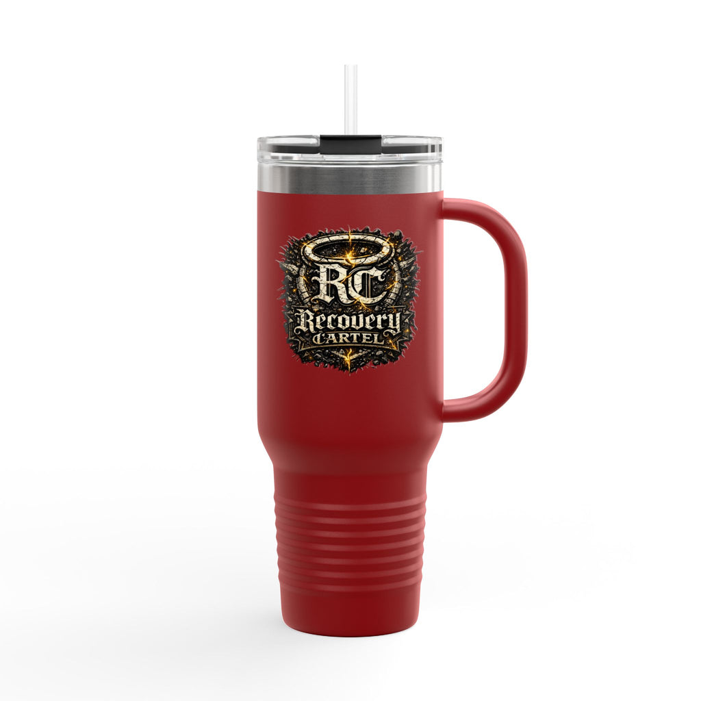 Recovery Cartel 40oz Insulated Travel Mug — Red Stainless Tumbler with Handle & Straw