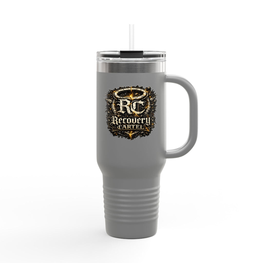 Recovery Cartel 40oz Insulated Travel Mug — Red Stainless Tumbler with Handle & Straw