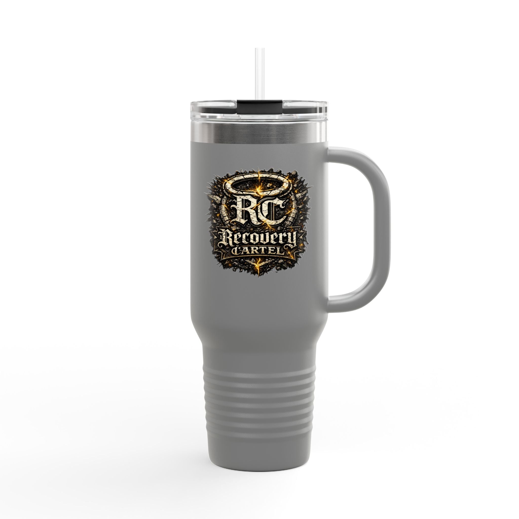 Recovery Cartel 40oz Insulated Travel Mug — Red Stainless Tumbler with Handle & Straw