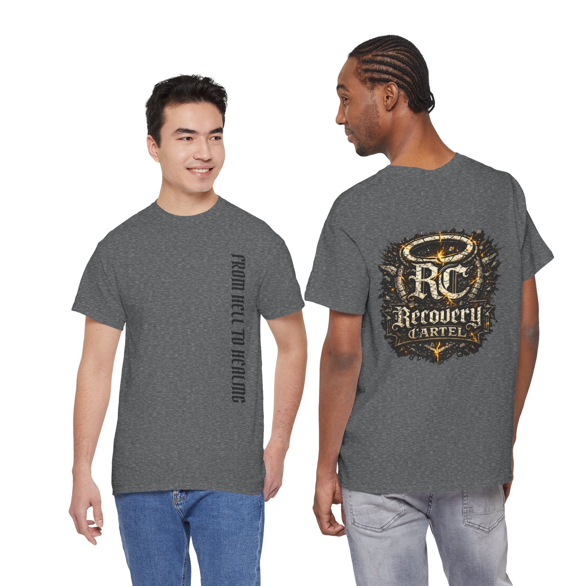 Recovery Cartel Signature Tee with "From Hell to Healing" on the front