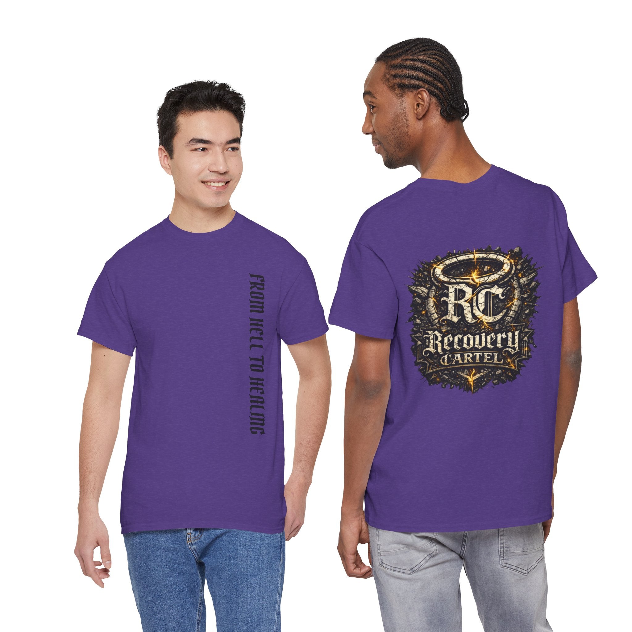 Recovery Cartel Signature Tee with "From Hell to Healing" on the front
