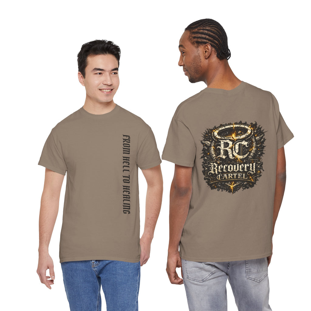 Recovery Cartel Signature Tee with "From Hell to Healing" on the front