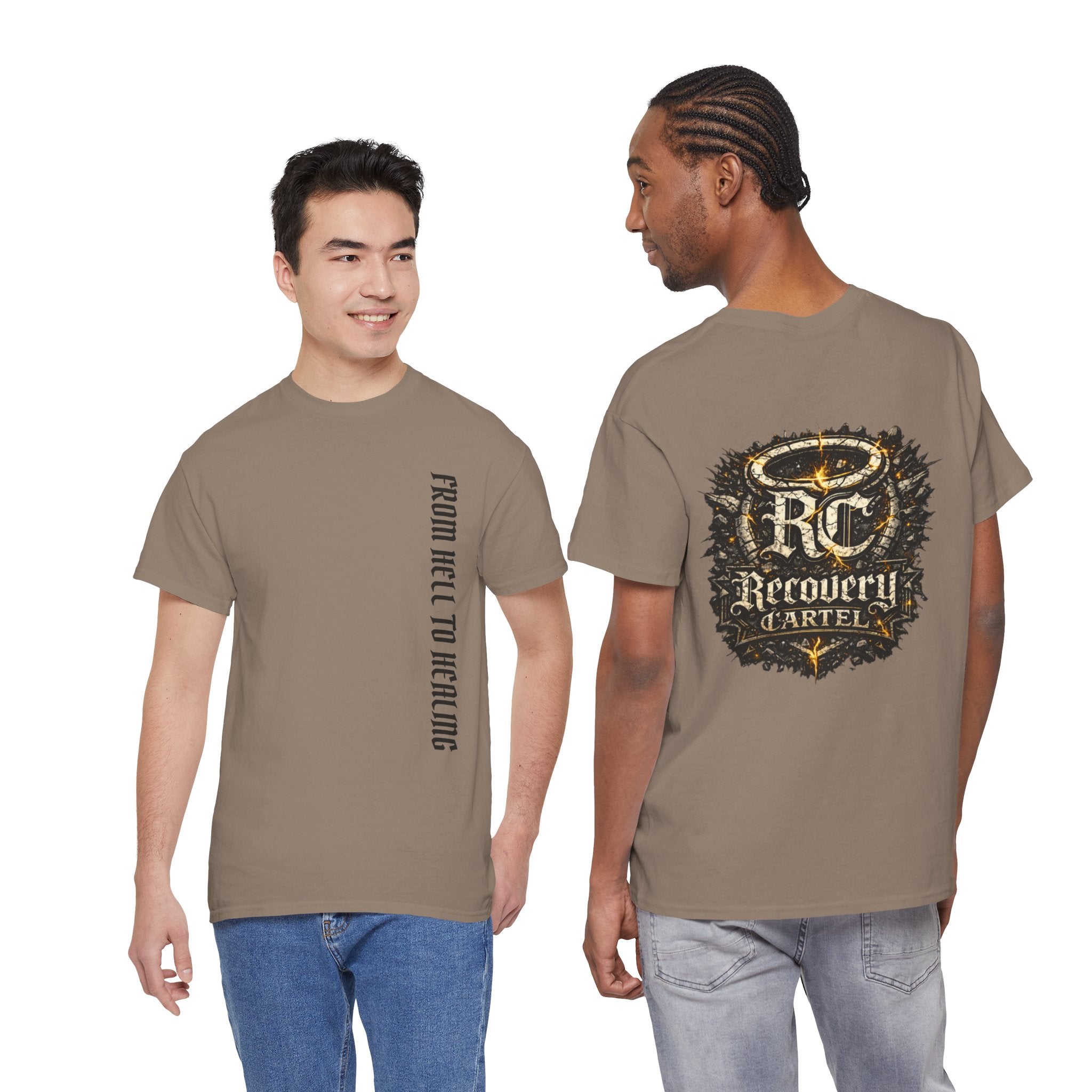 Recovery Cartel Signature Tee with "From Hell to Healing" on the front