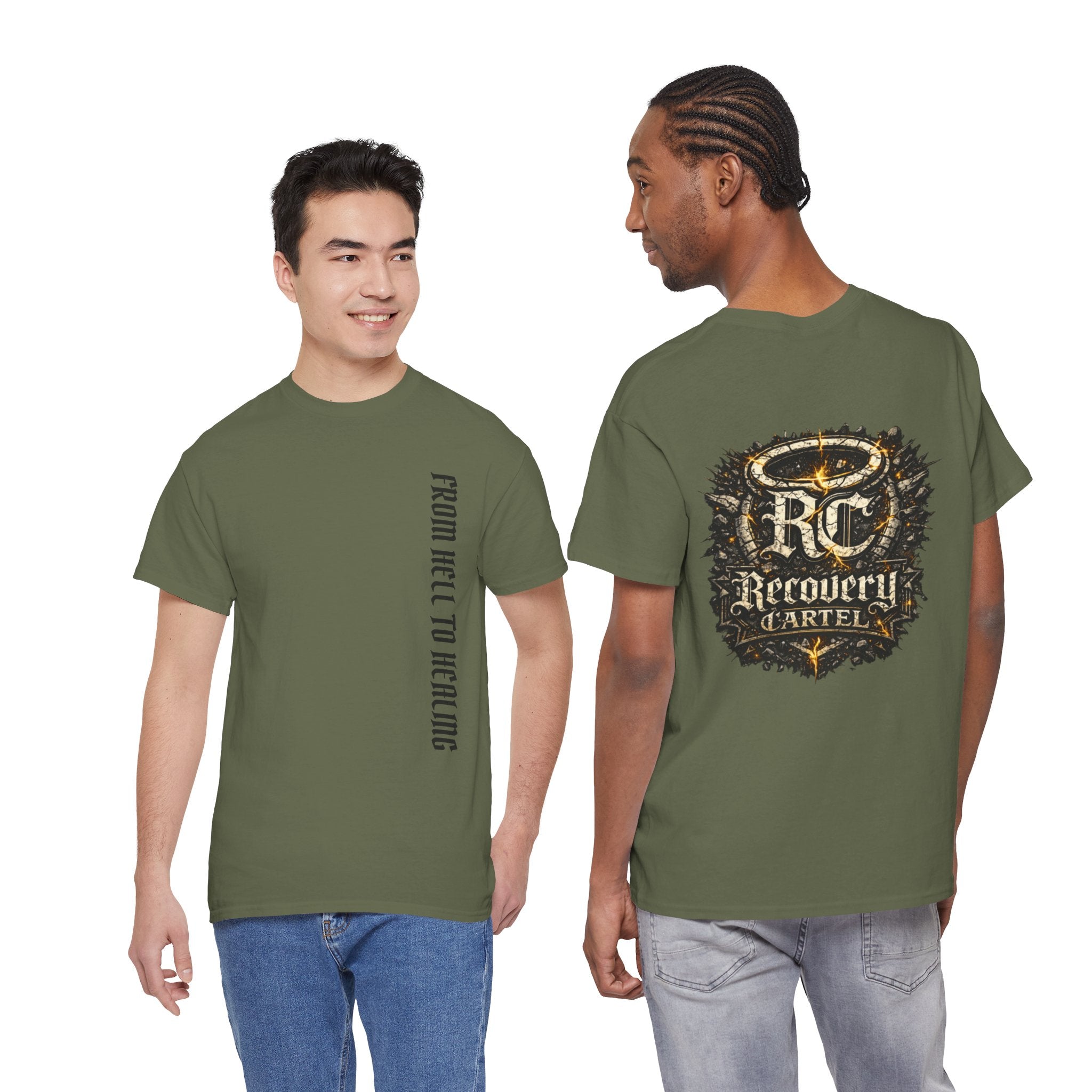 Recovery Cartel Signature Tee with "From Hell to Healing" on the front