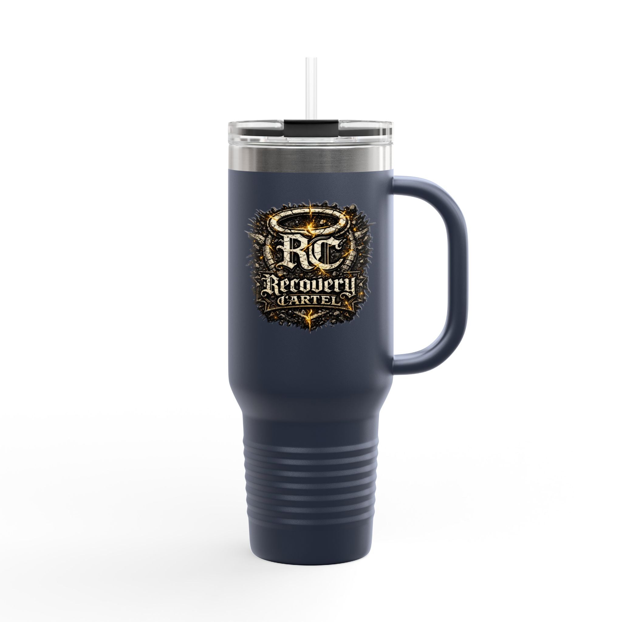 Recovery Cartel 40oz Insulated Travel Mug — Red Stainless Tumbler with Handle & Straw