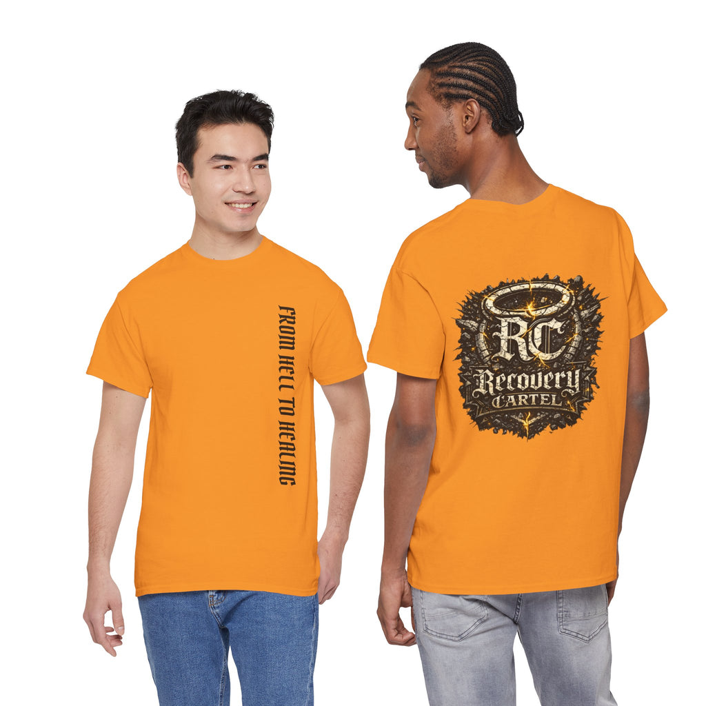 Recovery Cartel Signature Tee with "From Hell to Healing" on the front
