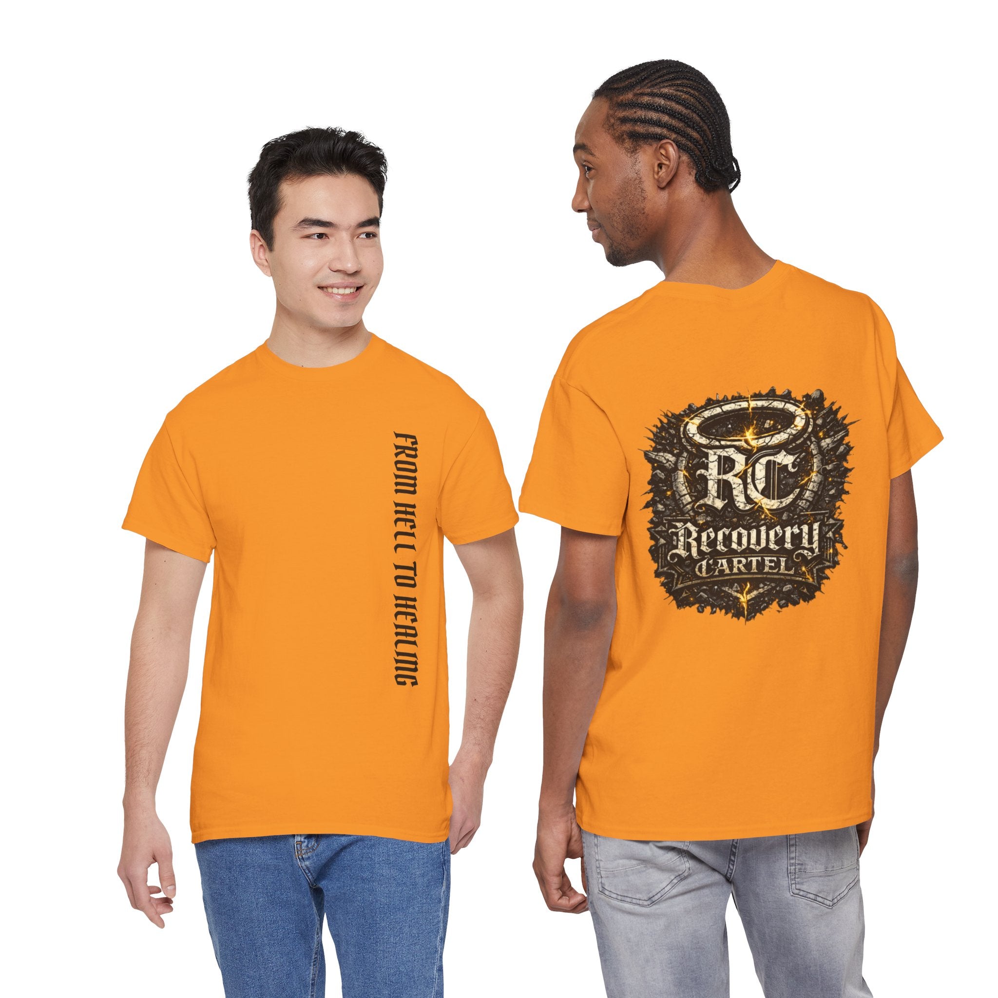 Recovery Cartel Signature Tee with "From Hell to Healing" on the front