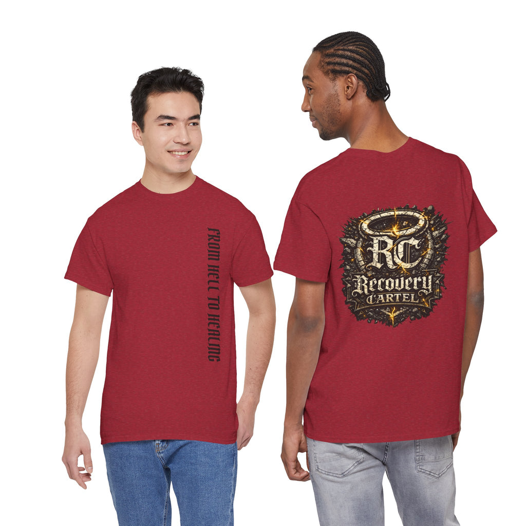 Recovery Cartel Signature Tee with "From Hell to Healing" on the front