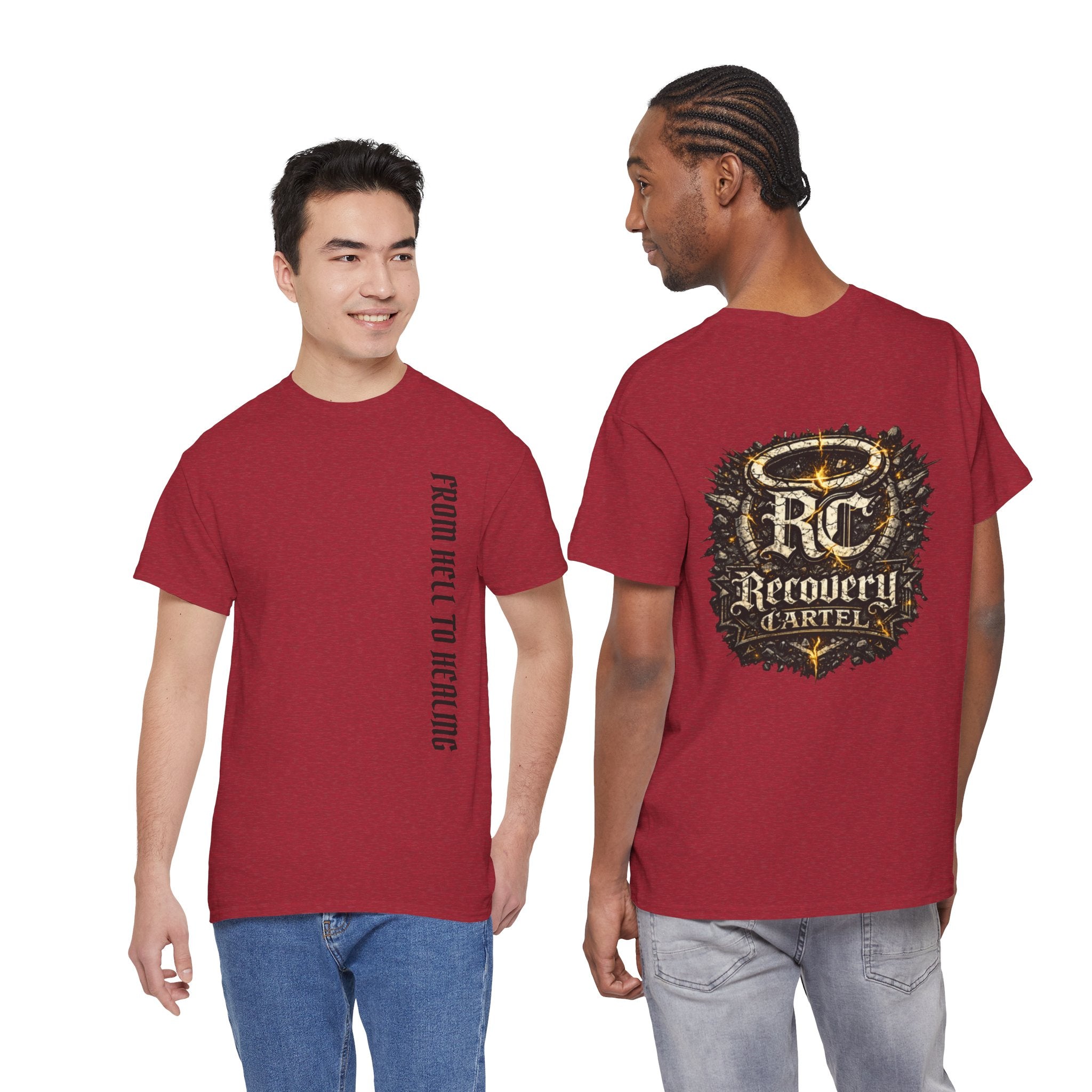 Recovery Cartel Signature Tee with "From Hell to Healing" on the front