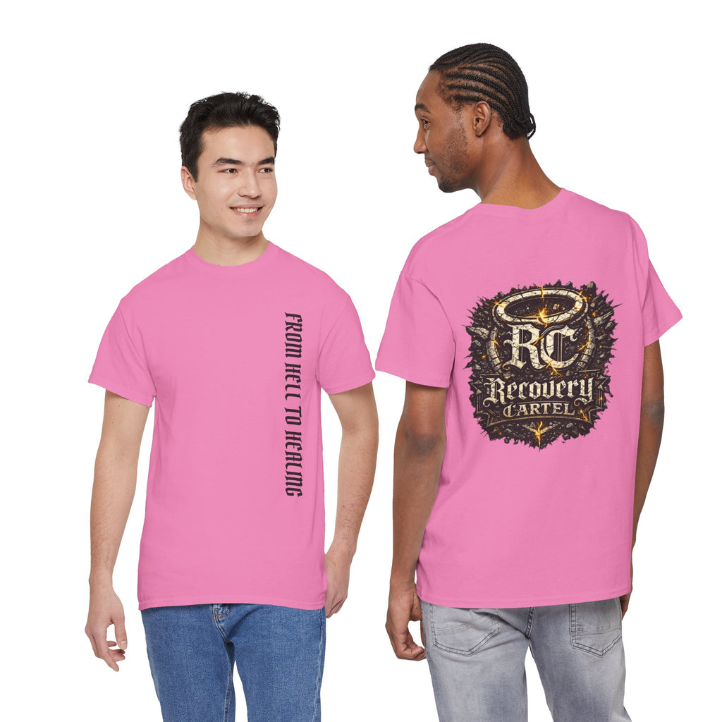 Recovery Cartel Signature Tee with "From Hell to Healing" on the front