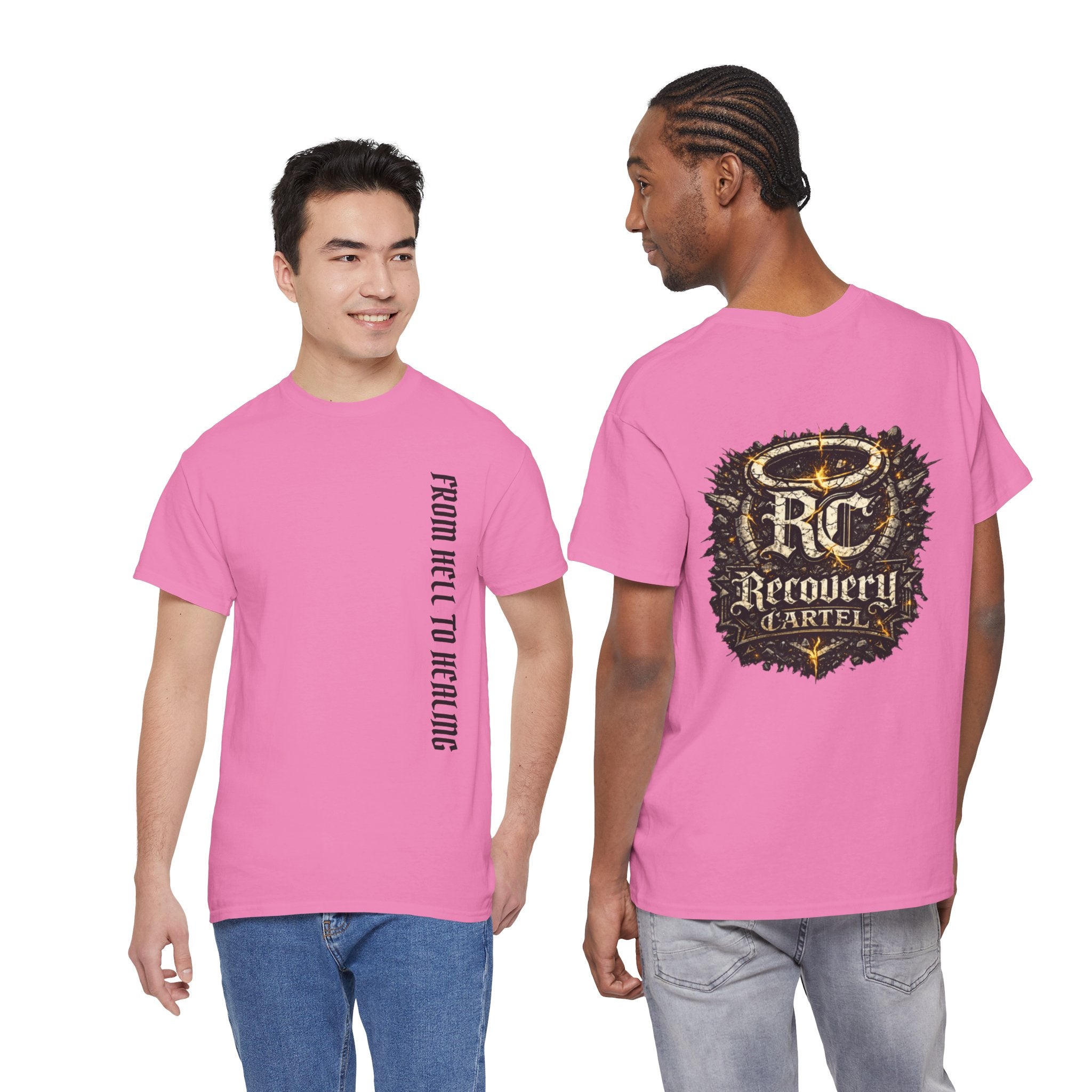 Recovery Cartel Signature Tee with "From Hell to Healing" on the front