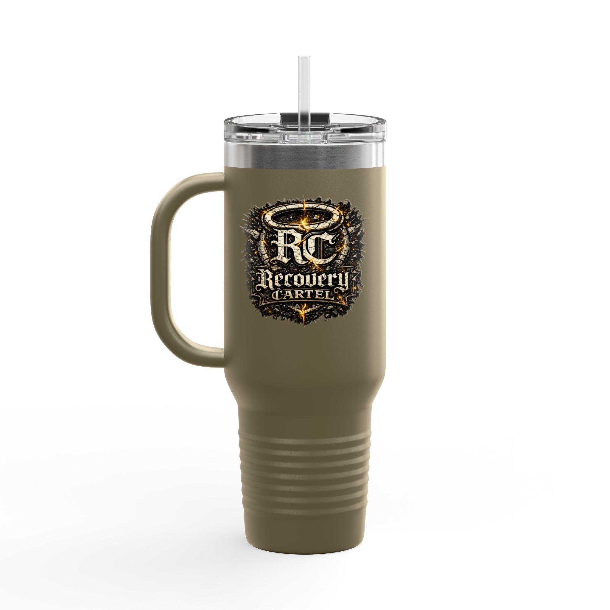 Recovery Cartel 40oz Insulated Travel Mug — Red Stainless Tumbler with Handle & Straw