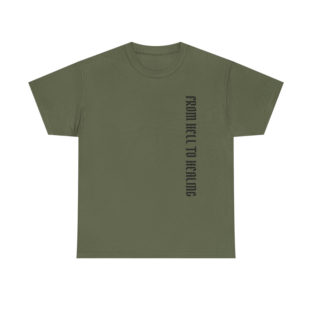 Recovery Cartel Signature Tee with "From Hell to Healing" on the front