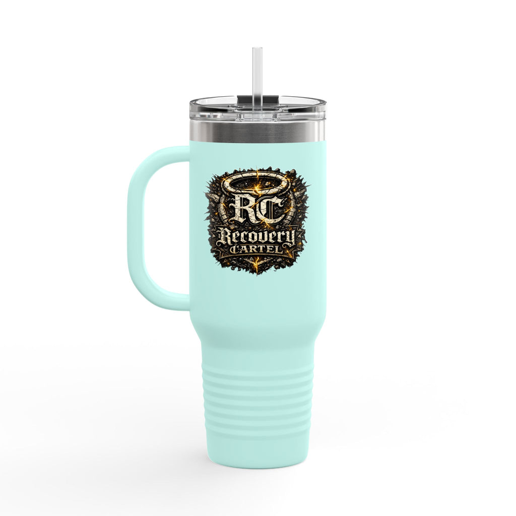 Recovery Cartel 40oz Insulated Travel Mug — Red Stainless Tumbler with Handle & Straw
