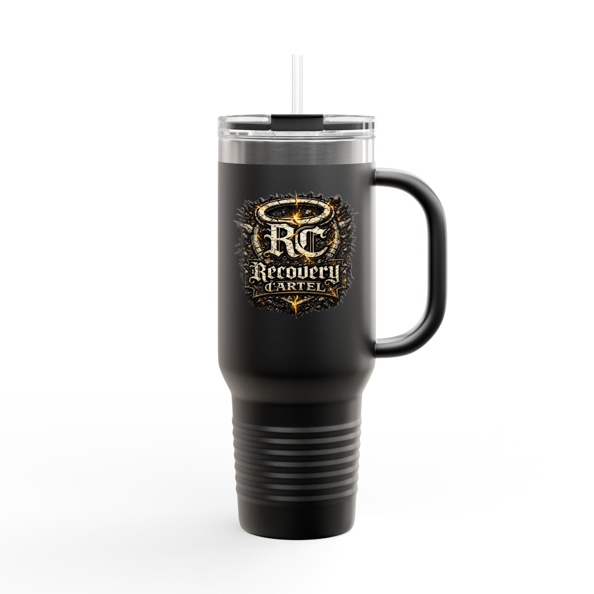 Recovery Cartel 40oz Insulated Travel Mug — Red Stainless Tumbler with Handle & Straw