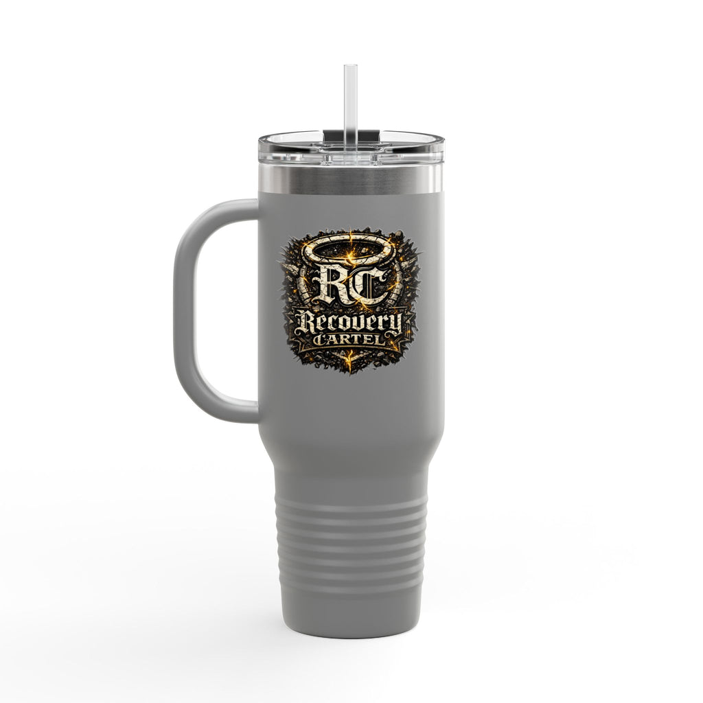 Recovery Cartel 40oz Insulated Travel Mug — Red Stainless Tumbler with Handle & Straw