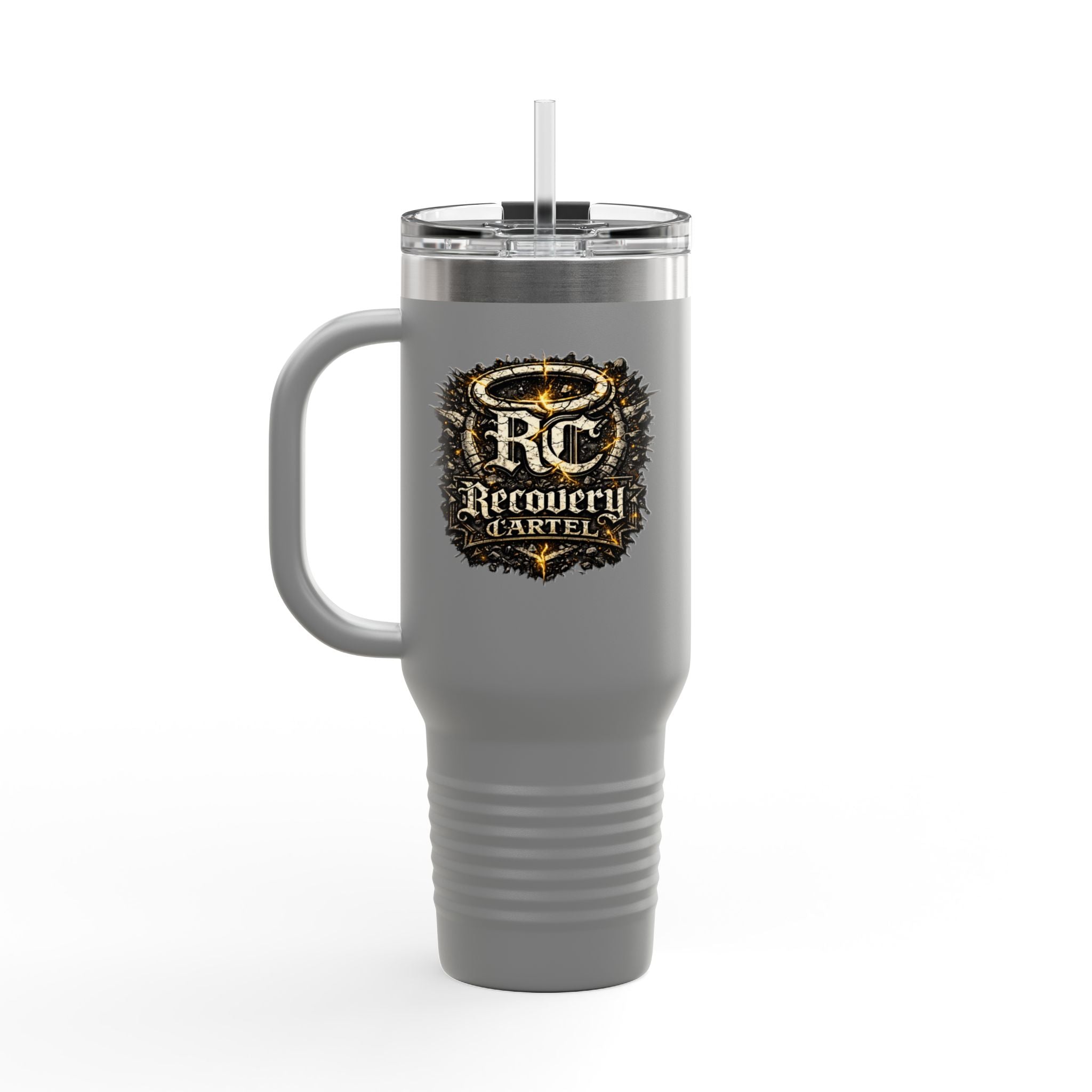 Recovery Cartel 40oz Insulated Travel Mug — Red Stainless Tumbler with Handle & Straw