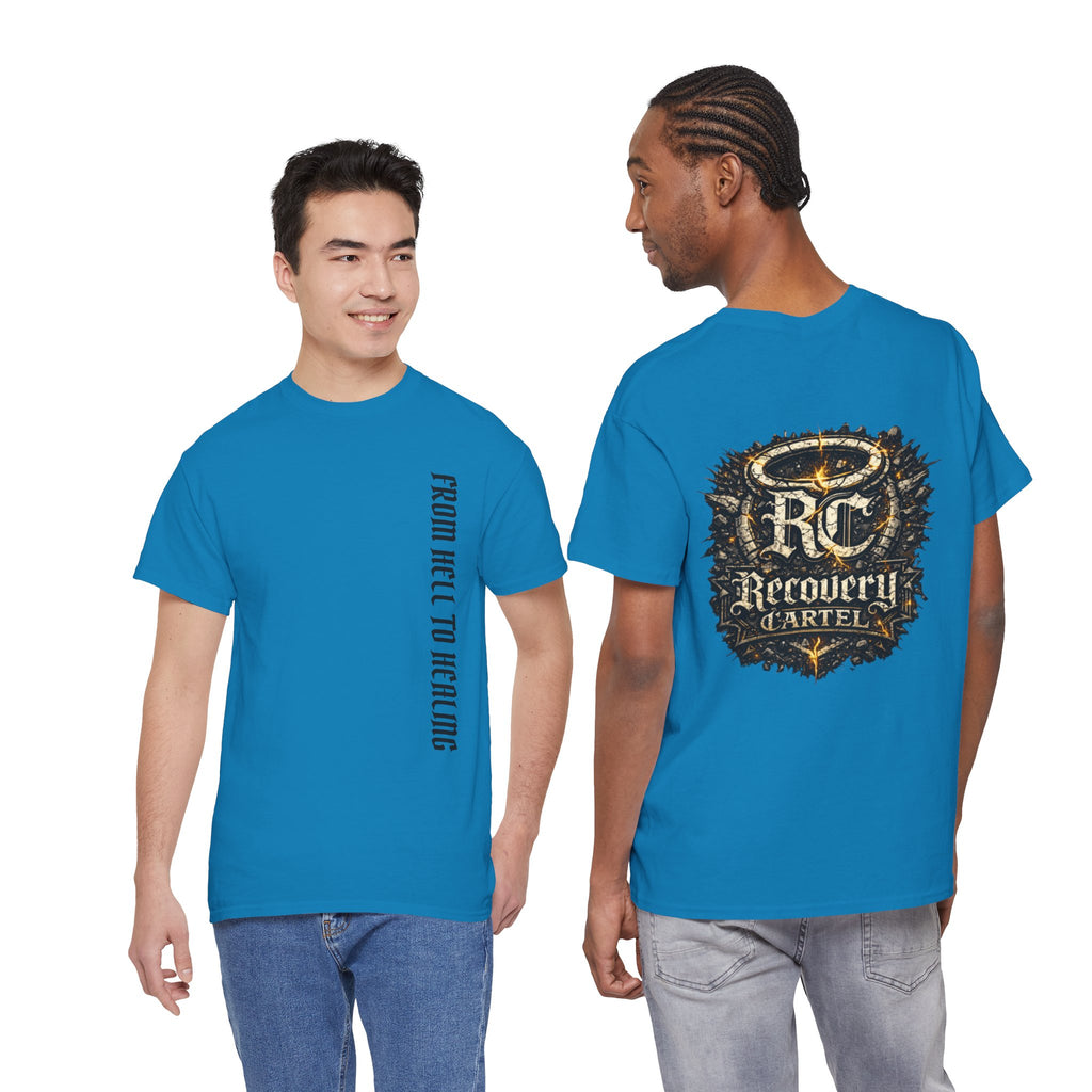Recovery Cartel Signature Tee with "From Hell to Healing" on the front