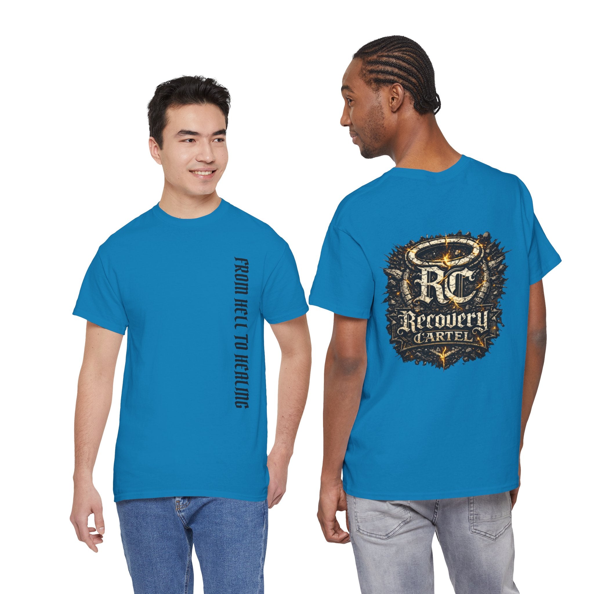 Recovery Cartel Signature Tee with "From Hell to Healing" on the front