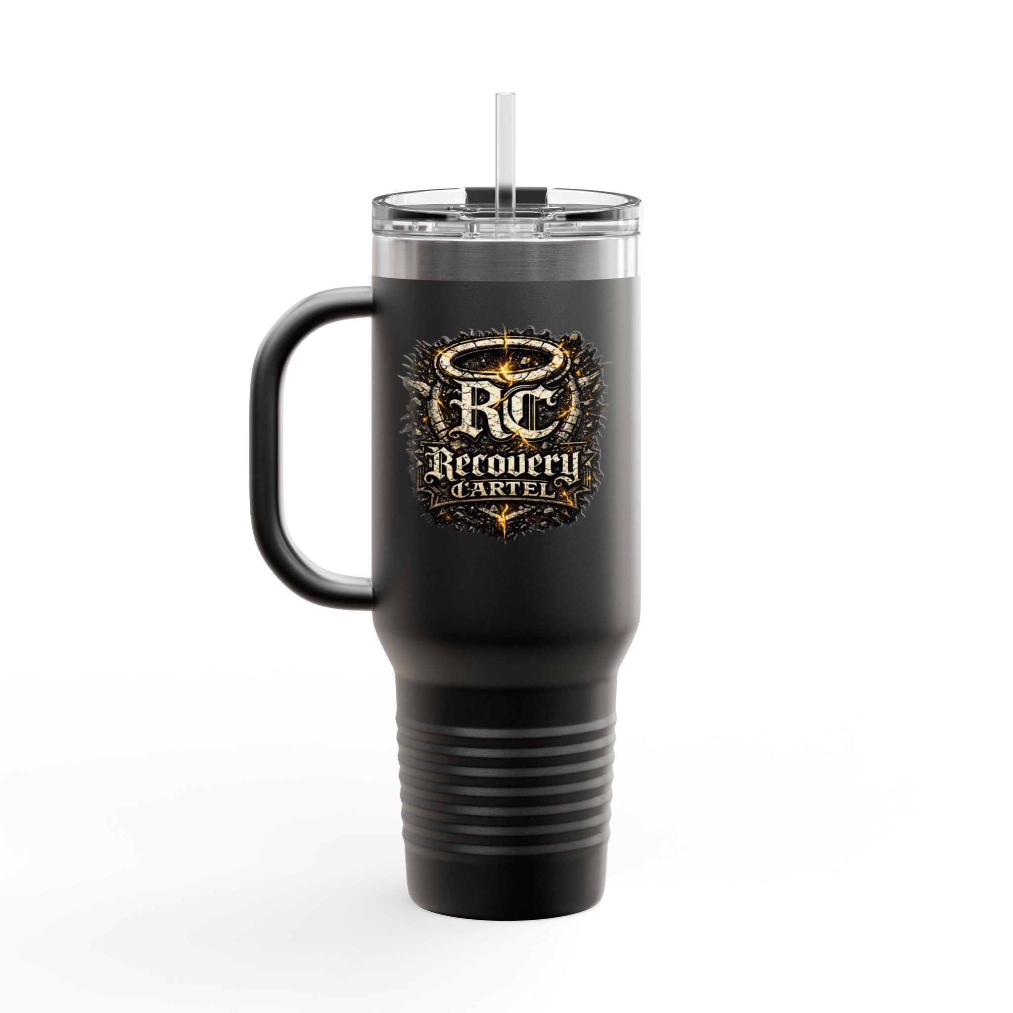 Recovery Cartel 40oz Insulated Travel Mug — Red Stainless Tumbler with Handle & Straw