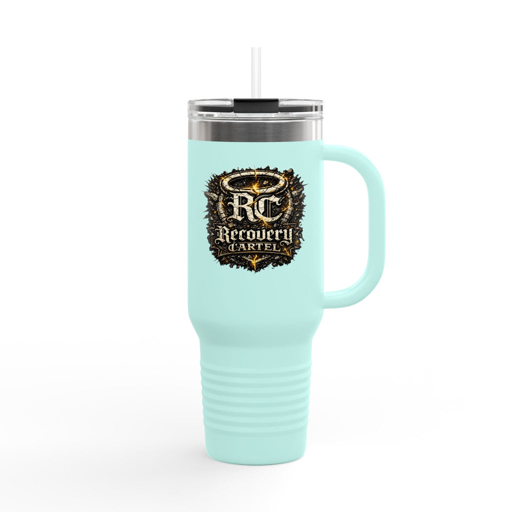 Recovery Cartel 40oz Insulated Travel Mug — Red Stainless Tumbler with Handle & Straw